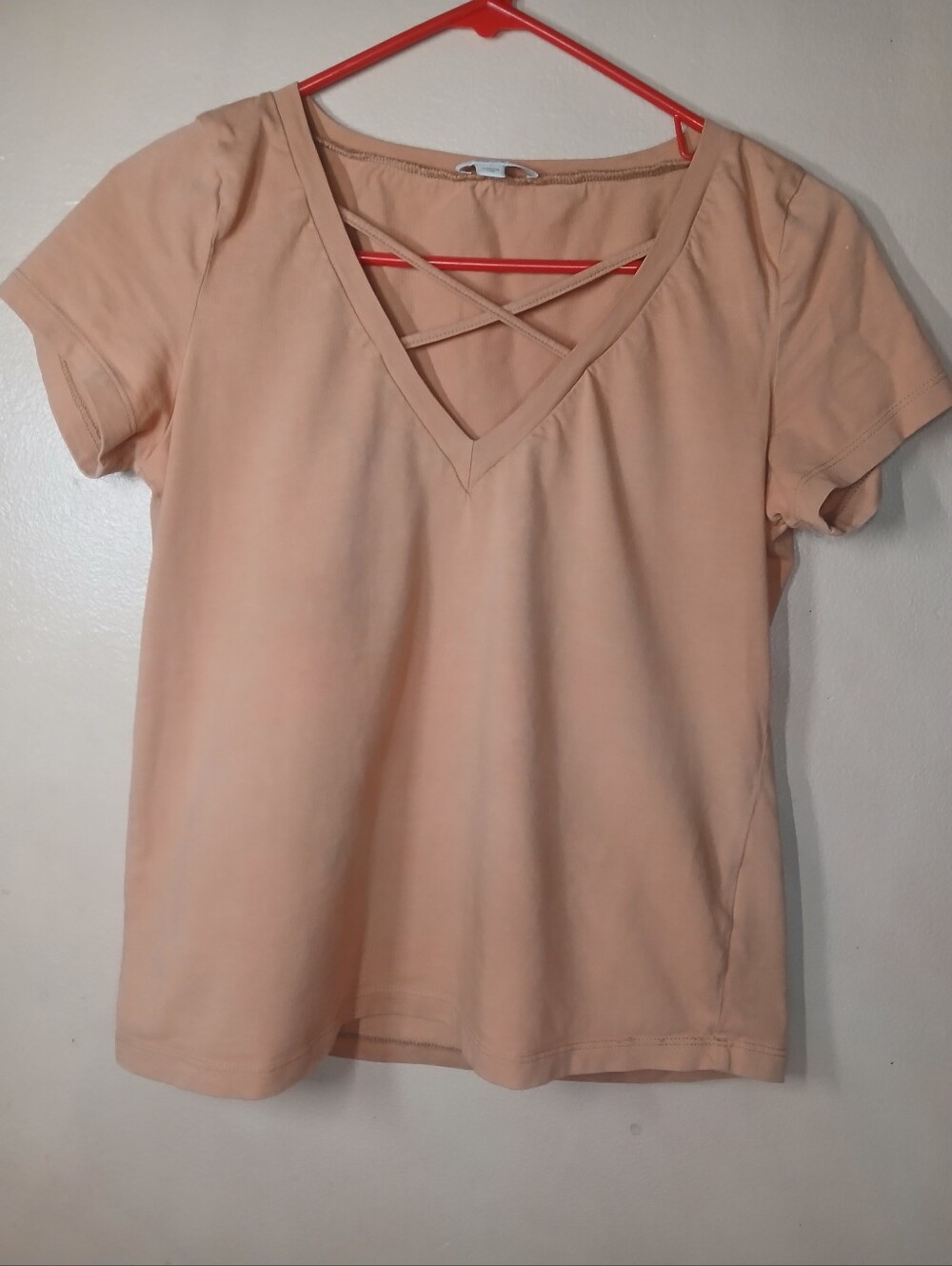 Kookai Peach Cross-Strap V-Neck Short Sleeve Tee